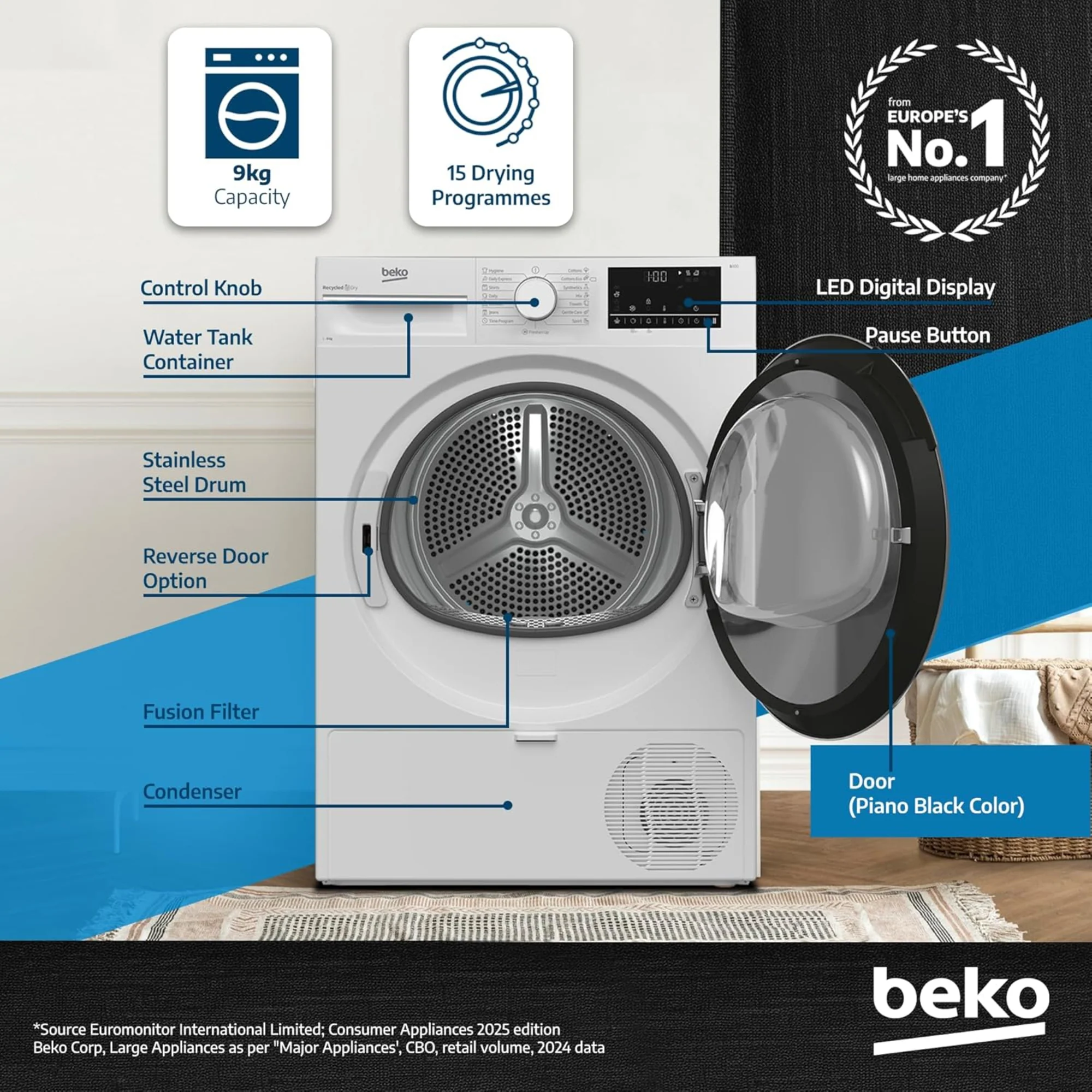 Beko Condenser Tumble Dryer 9 kg – AquaWave Sensor Drying & 15 Programmes DC9W - Image 5