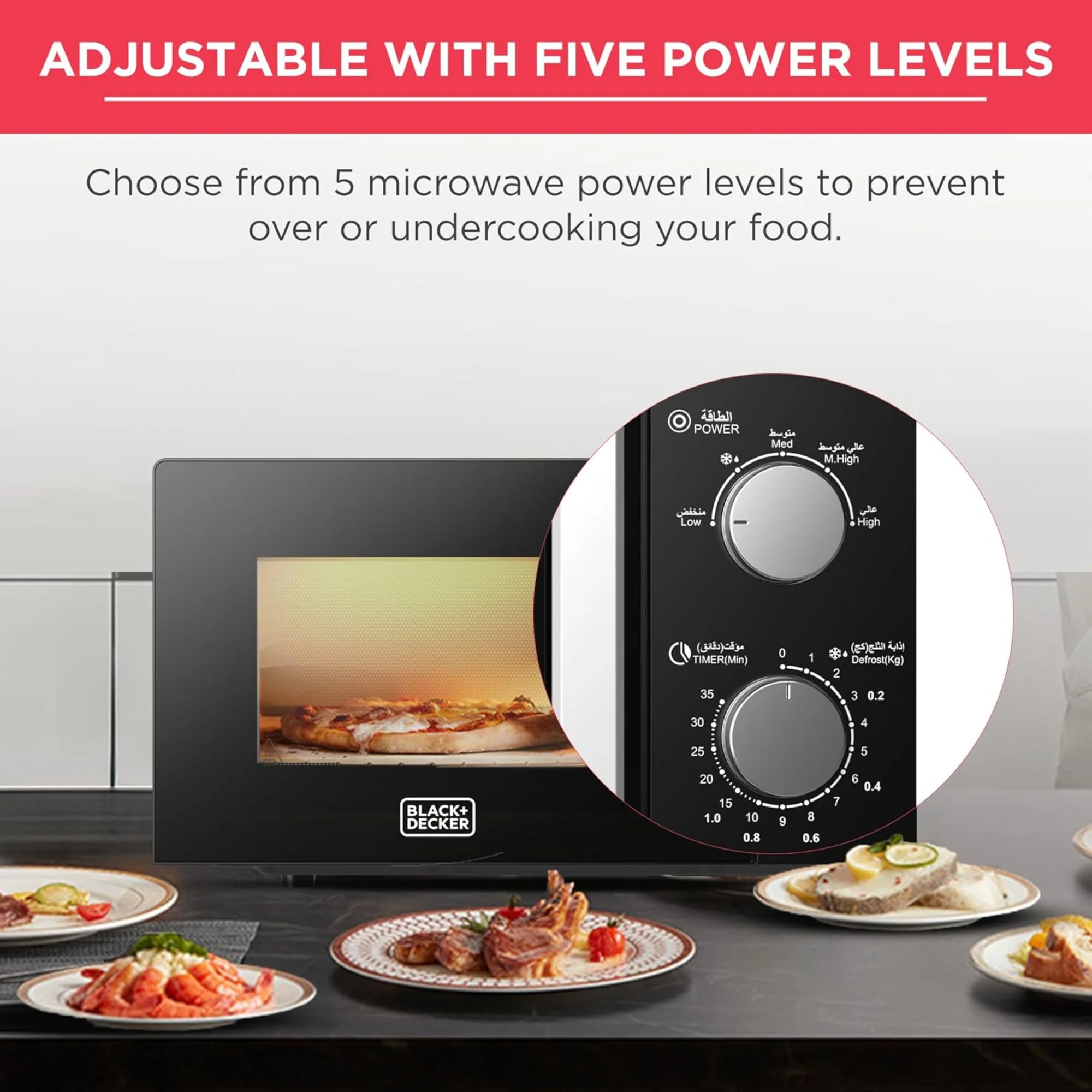 BLACK+DECKER 20 Liter Microwave Oven – 700W 5 Power Levels Defrost Function Chrome Knobs MZ2005P-B5 - Image 4