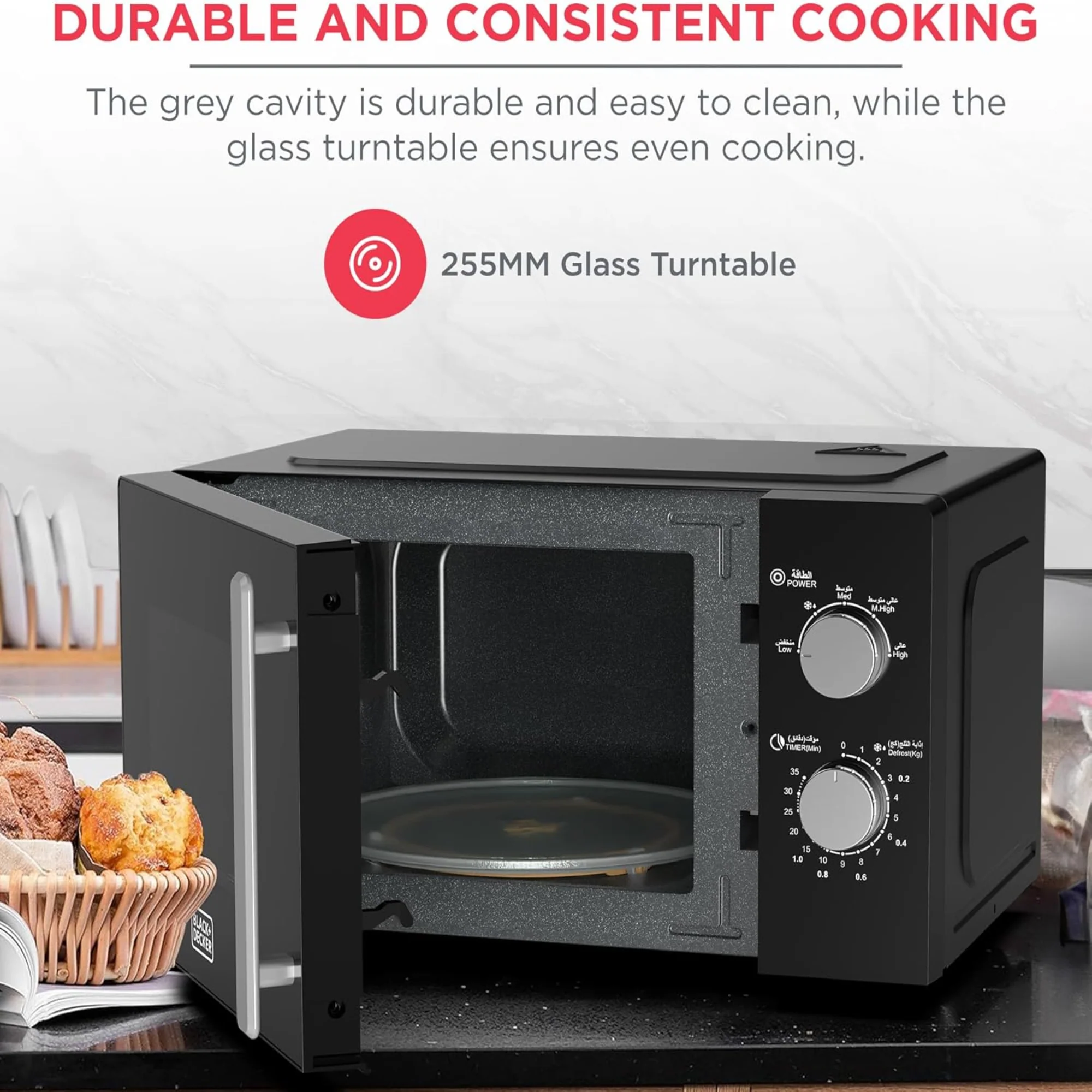 BLACK+DECKER 20 Liter Microwave Oven – 700W 5 Power Levels Defrost Function Chrome Knobs MZ2005P-B5 - Image 5