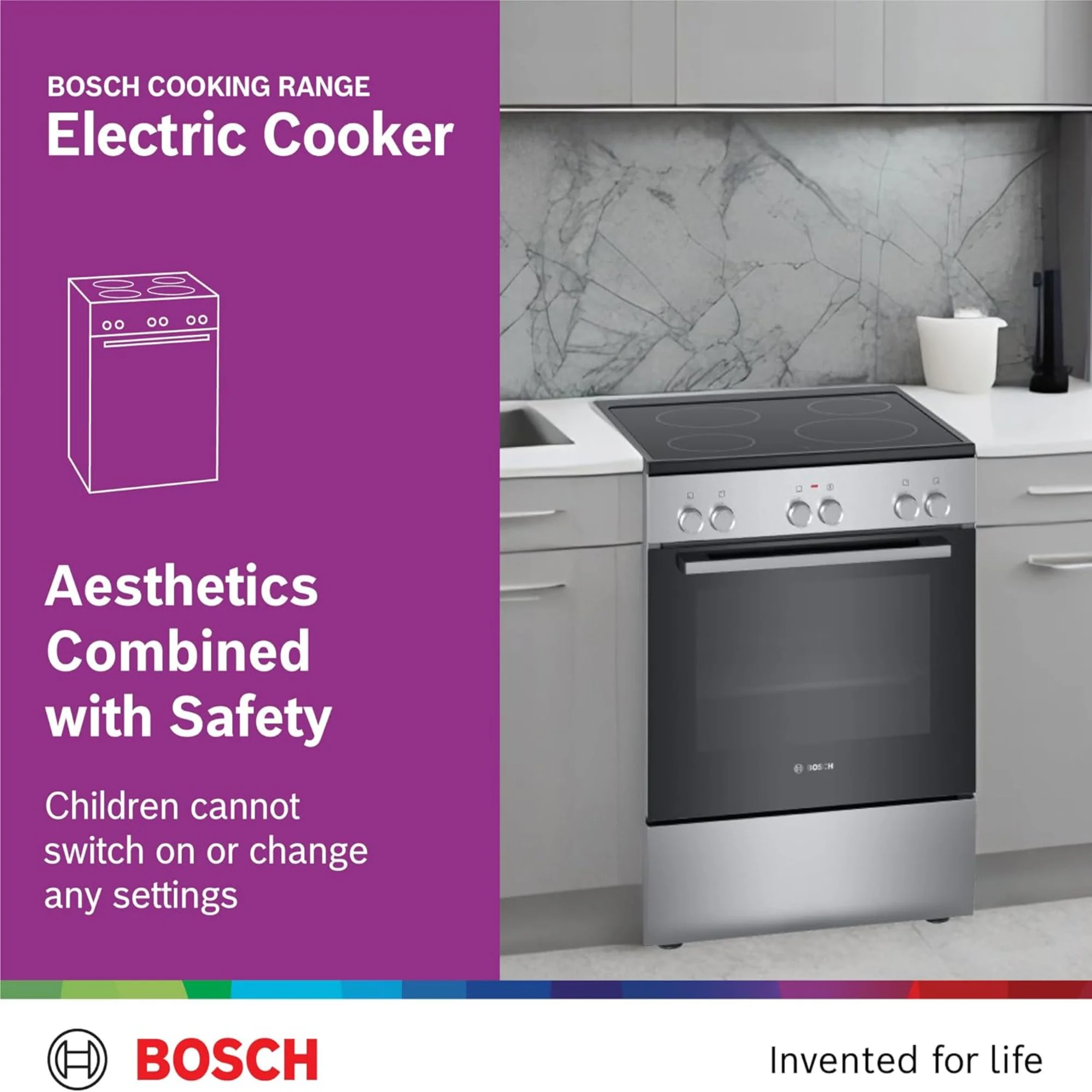 Bosch 60×60cm Freestanding Electric Cooker with 4 Ceramic Zones – 66L Oven 3D HotAir Stainless Steel HKL060070M - Image 2