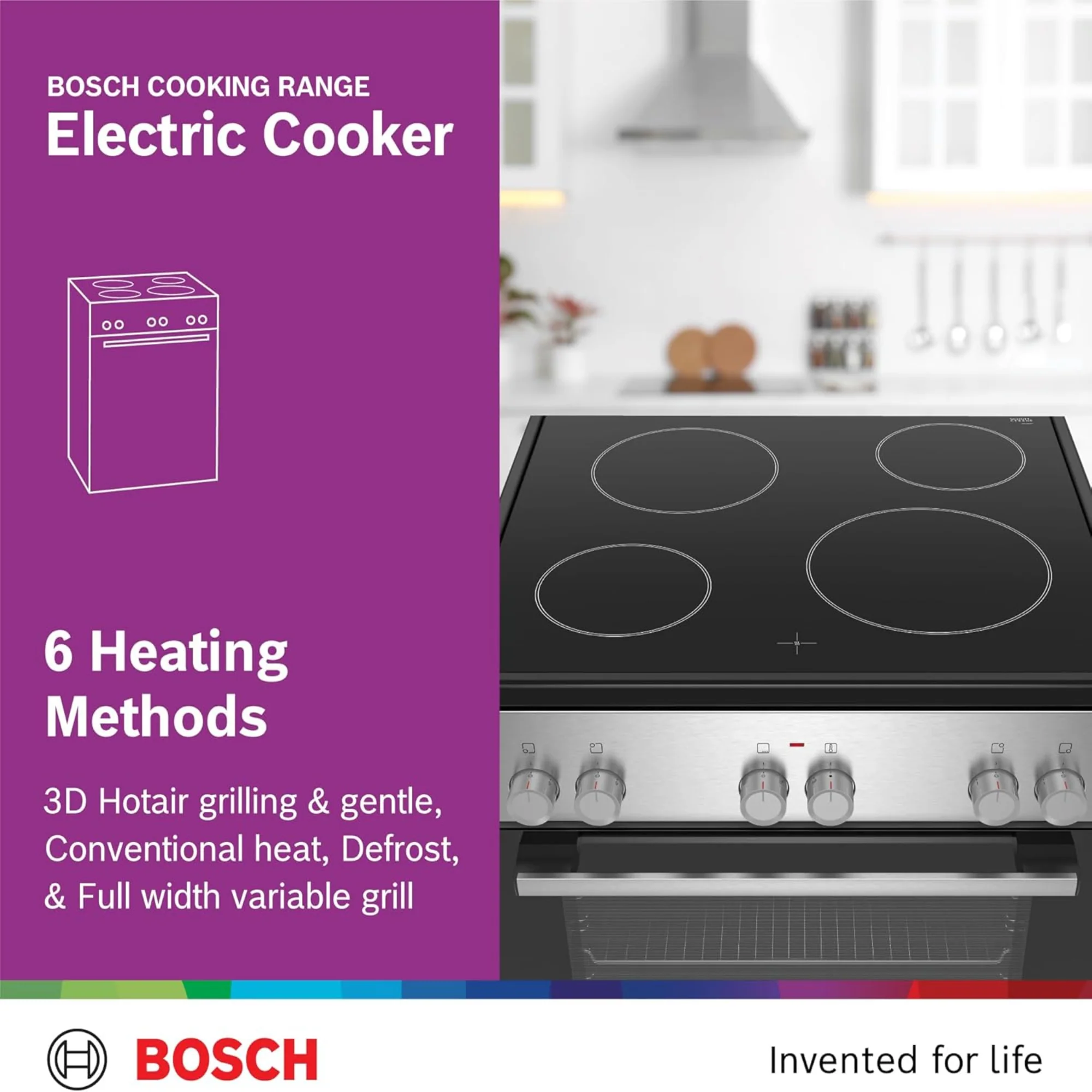 Bosch 60×60cm Freestanding Electric Cooker with 4 Ceramic Zones – 66L Oven 3D HotAir Stainless Steel HKL060070M - Image 4