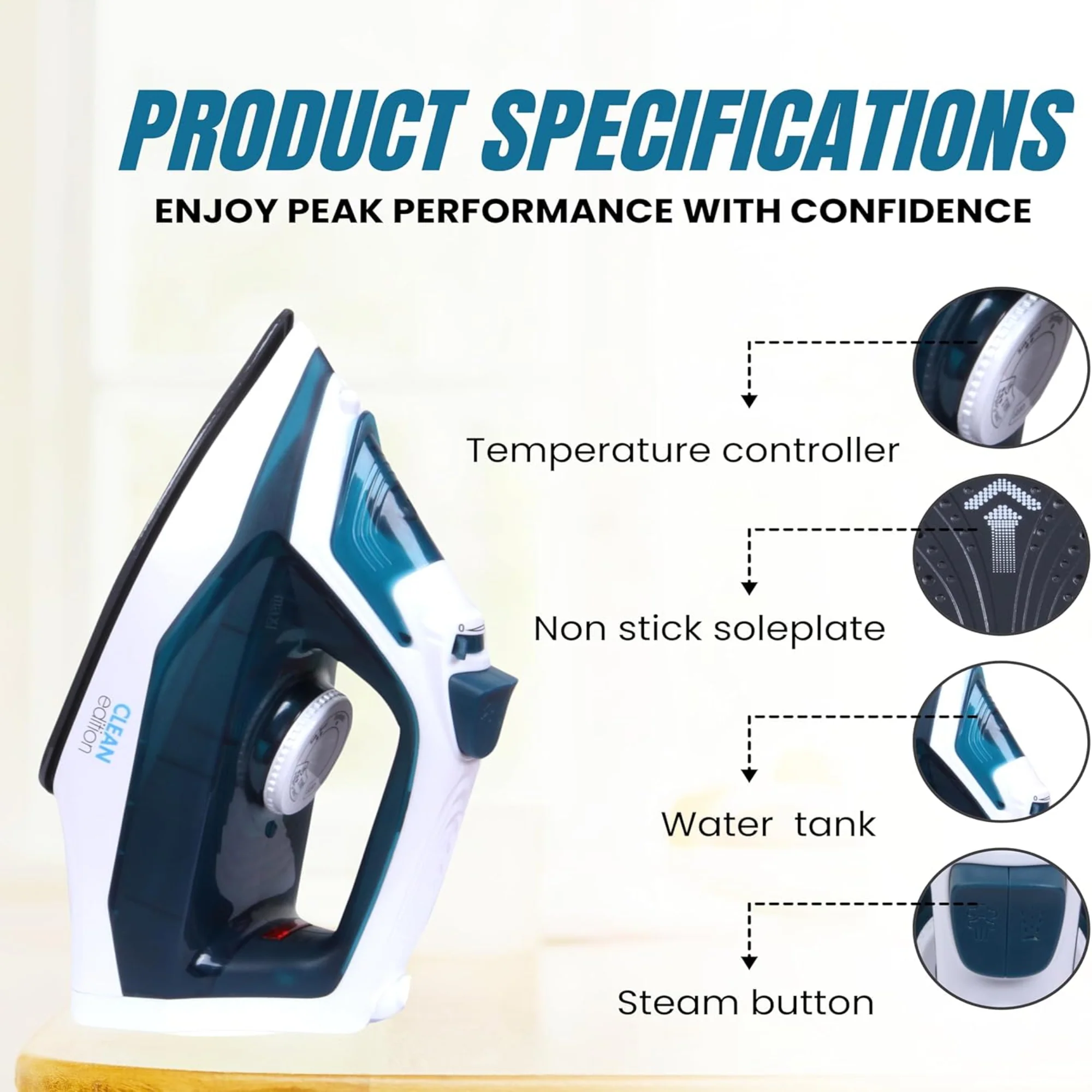 CLEAN Edition Steam Iron 2200W – Spray Function Ceramic Soleplate Adjustable Steam Self Clean - Image 3