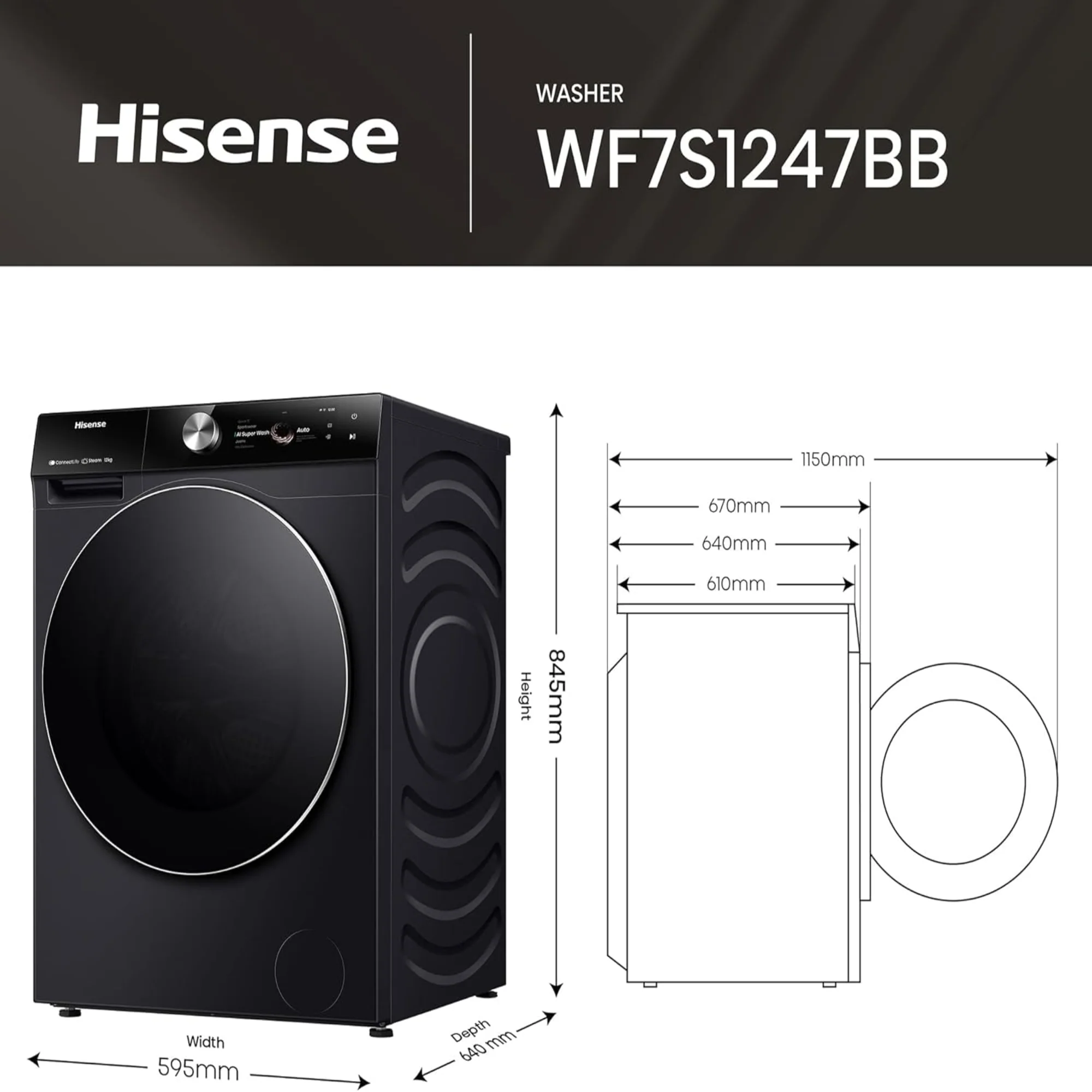 Hisense 12 kg Front Load Washing Machine – 1400 RPM Inverter Motor Smart WiFi Auto Dose WF7S1247BB - Image 9