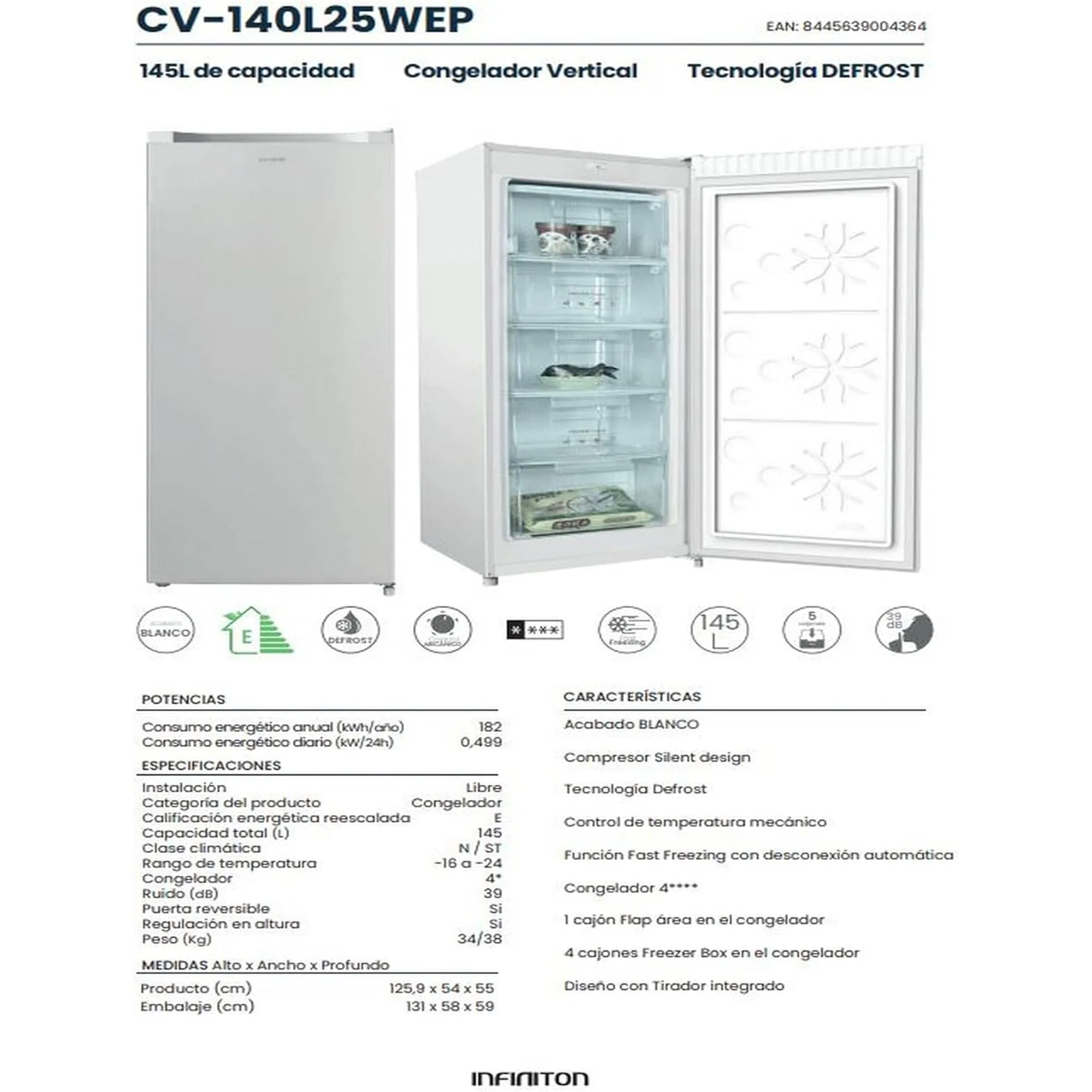 Infiniton Vertical Freezer 145L – Fast Freezing Reversible Door 4 Star Rating CV-140L25WEP - Image 8