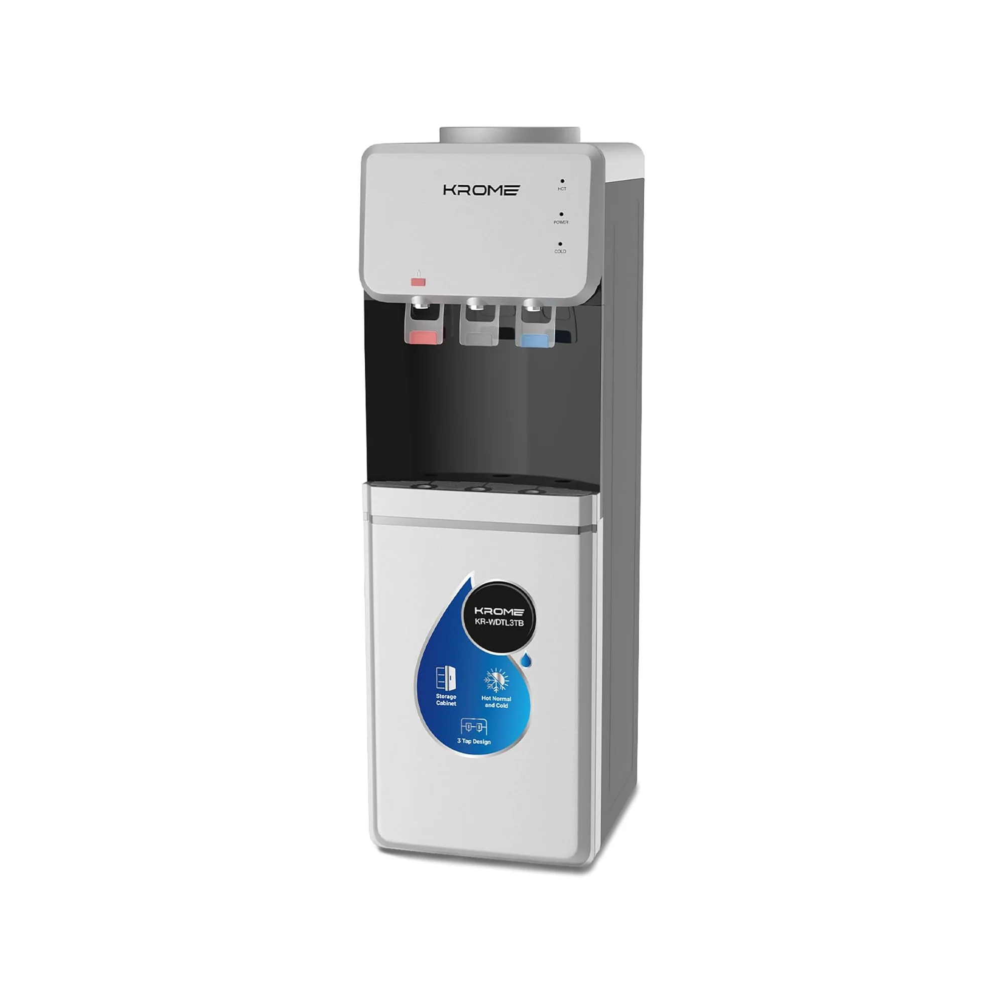 Krome Top Load Water Dispenser – Hot Cold & Normal Child Lock Cabinet Storage Silver/Black KR-WDTL 3TB - Image 2