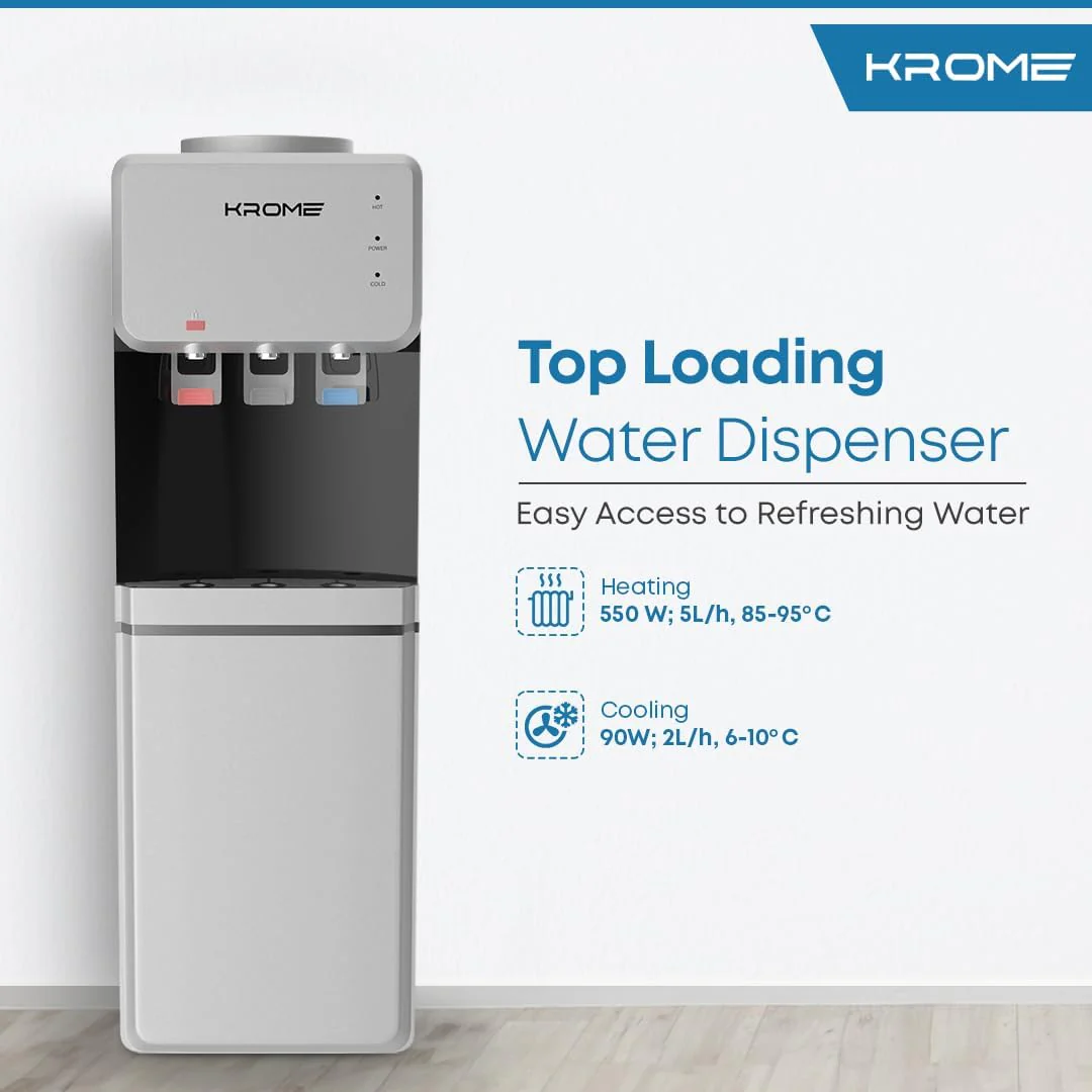 Krome Top Load Water Dispenser – Hot Cold & Normal Child Lock Cabinet Storage Silver/Black KR-WDTL 3TB - Image 9
