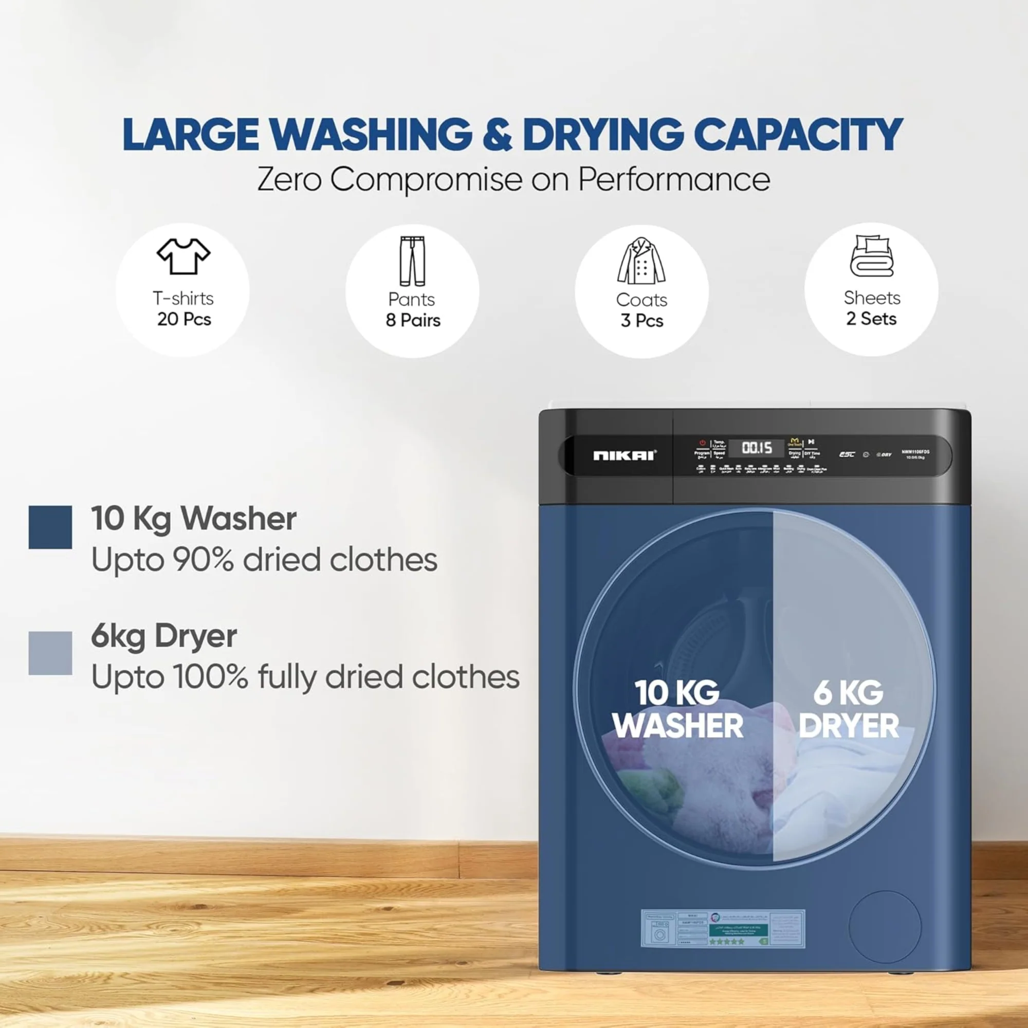Nikai 10/6 kg Washer Dryer – 1400 RPM BLDC Inverter 18 Programs Touch Control NWM1106FDS - Image 2