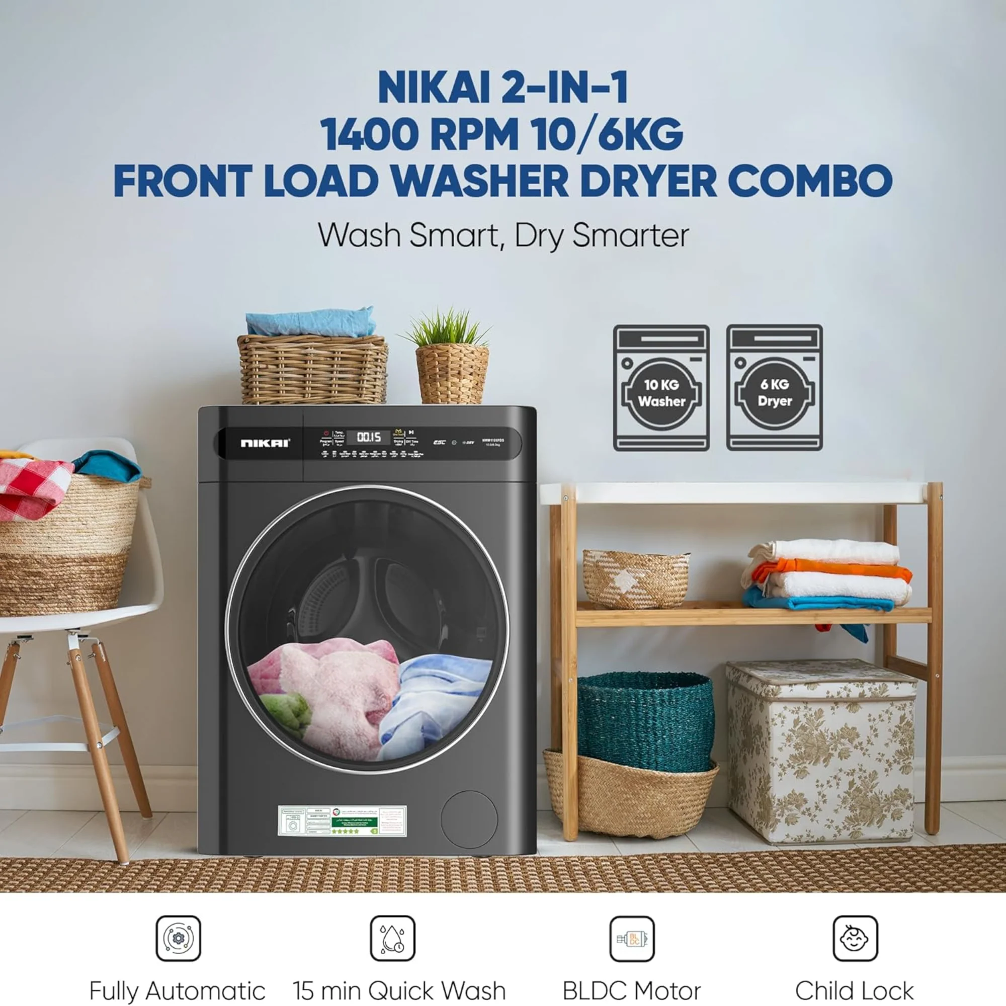 Nikai 10/6 kg Washer Dryer – 1400 RPM BLDC Inverter 18 Programs Touch Control NWM1106FDS - Image 5