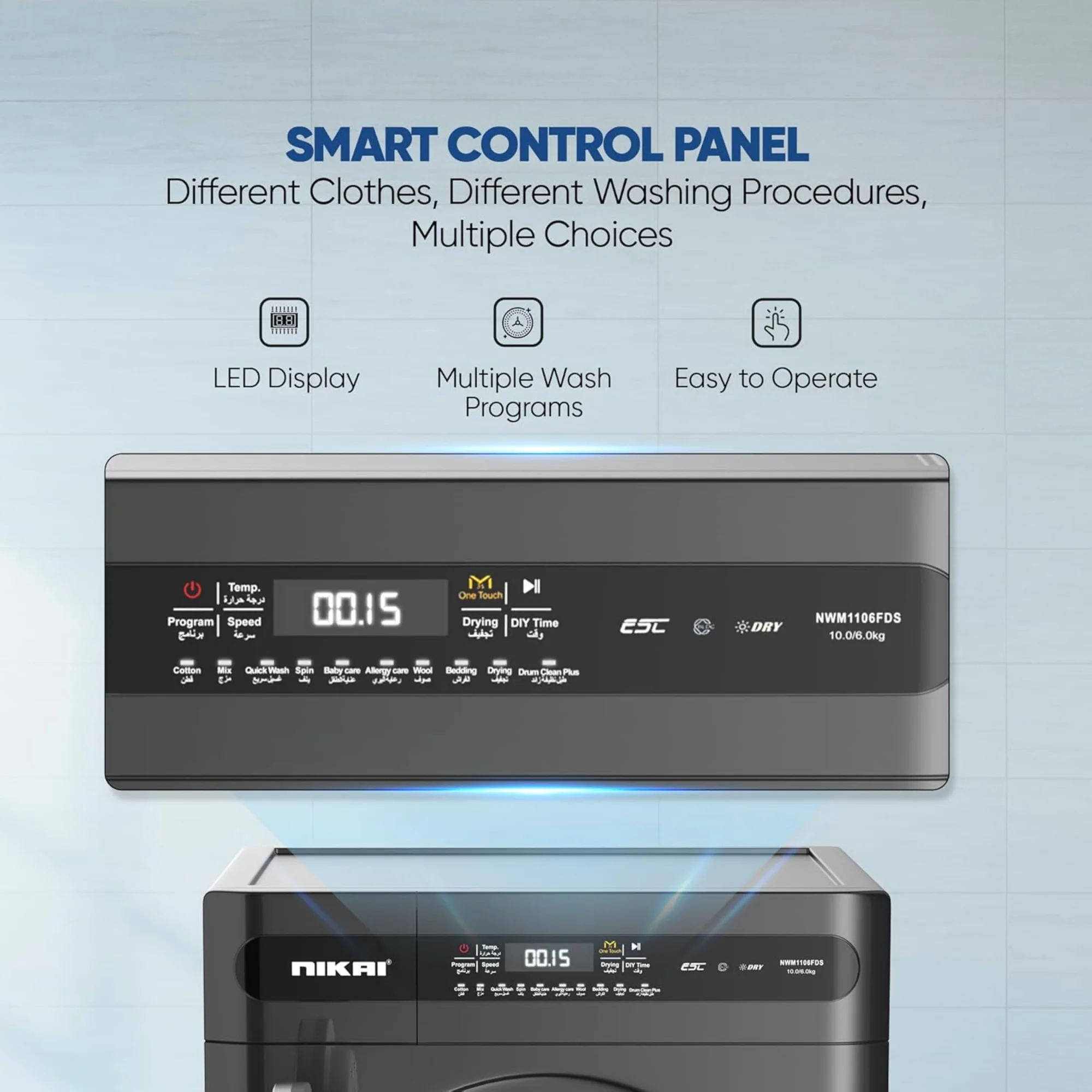 Nikai 10/6 kg Washer Dryer – 1400 RPM BLDC Inverter 18 Programs Touch Control NWM1106FDS - Image 6