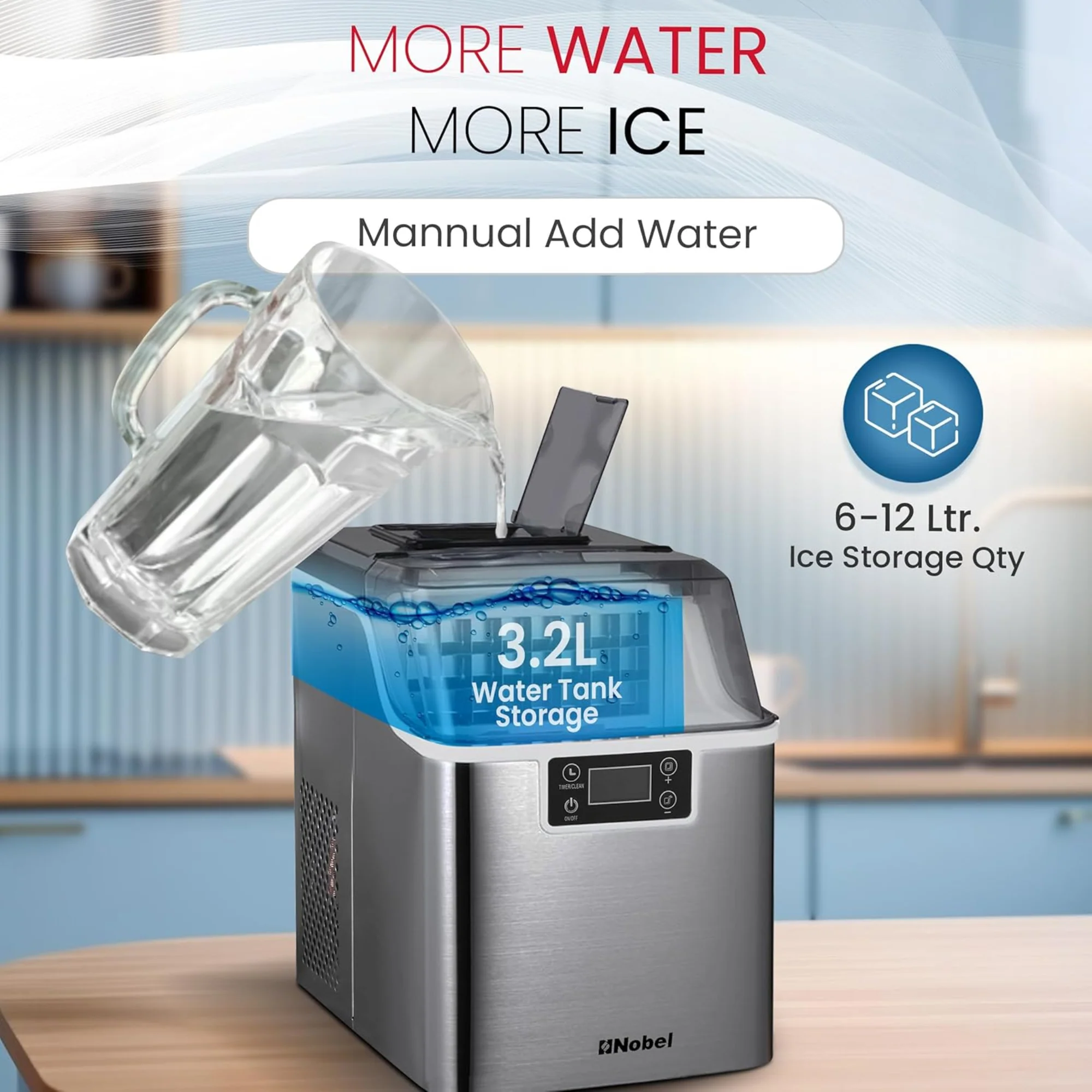 Nobel Ice Maker – 20/25kg Daily Capacity 3.2L Tank LED Display Infrared Sensor R290 Refrigerant NIM27 - Image 3