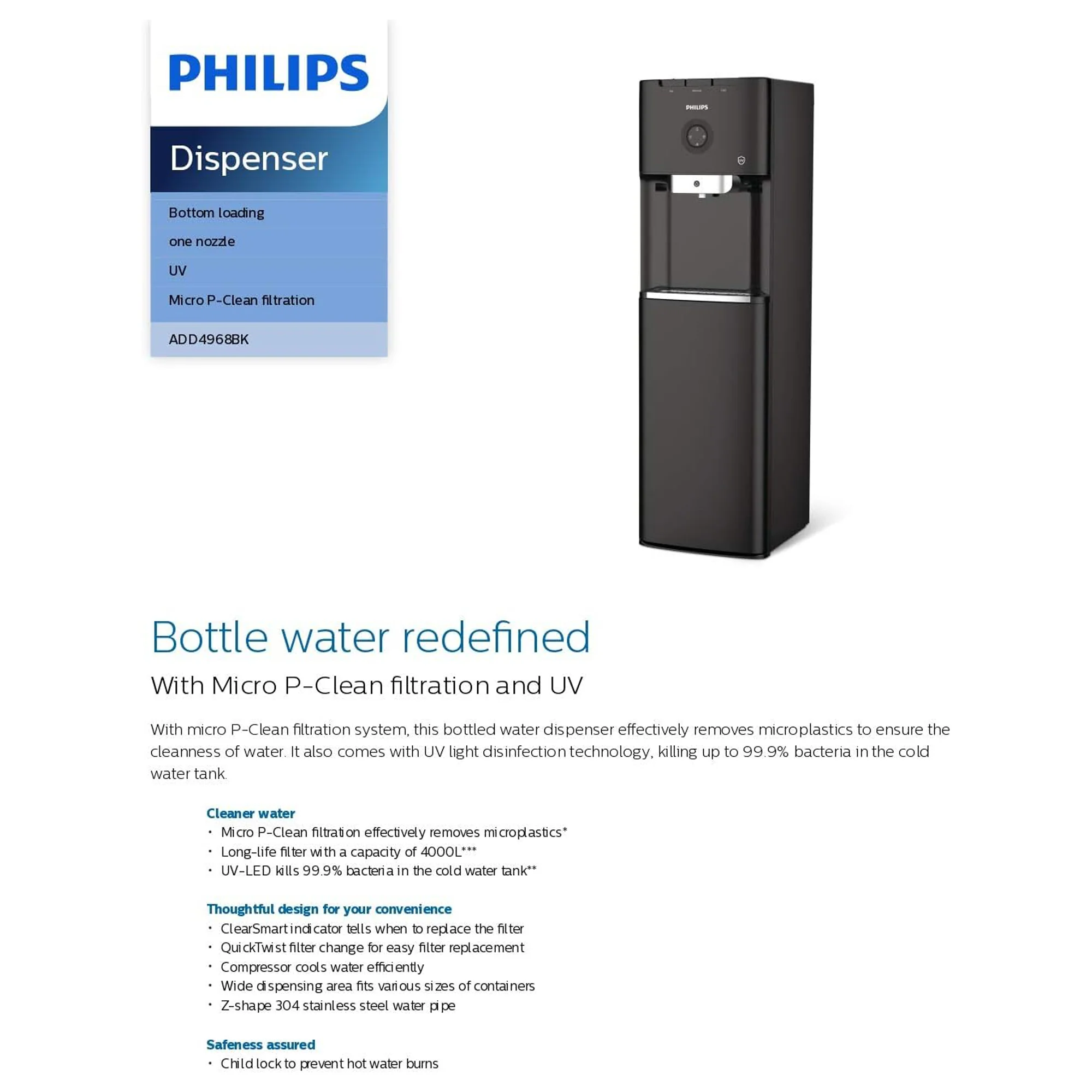 Philips Bottom Load Water Dispenser – Hot Cold & Ambient UV Sterilization Micro P-Clean Filtration ADD4968BK/56 - Image 5