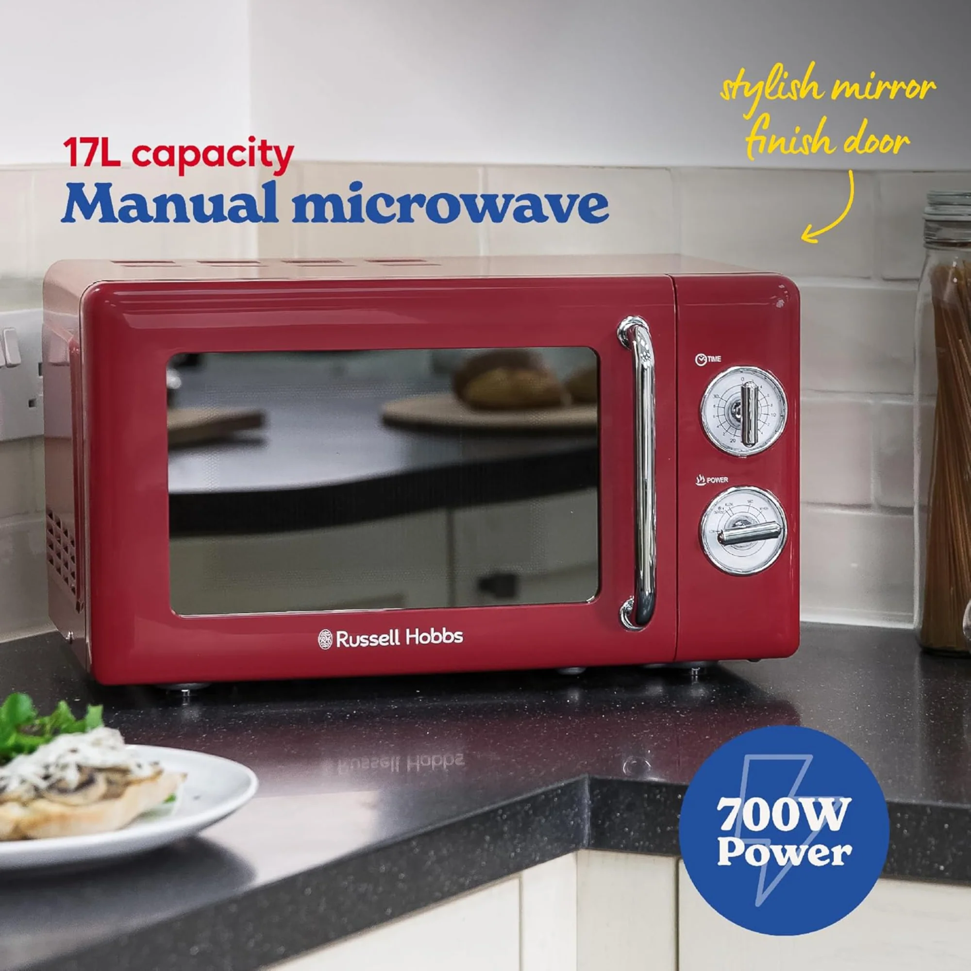 Russell Hobbs 17 Liter Retro Microwave Oven – 700W 5 Power Levels Defrost Function Manual Control RHRETMM705R - Image 11