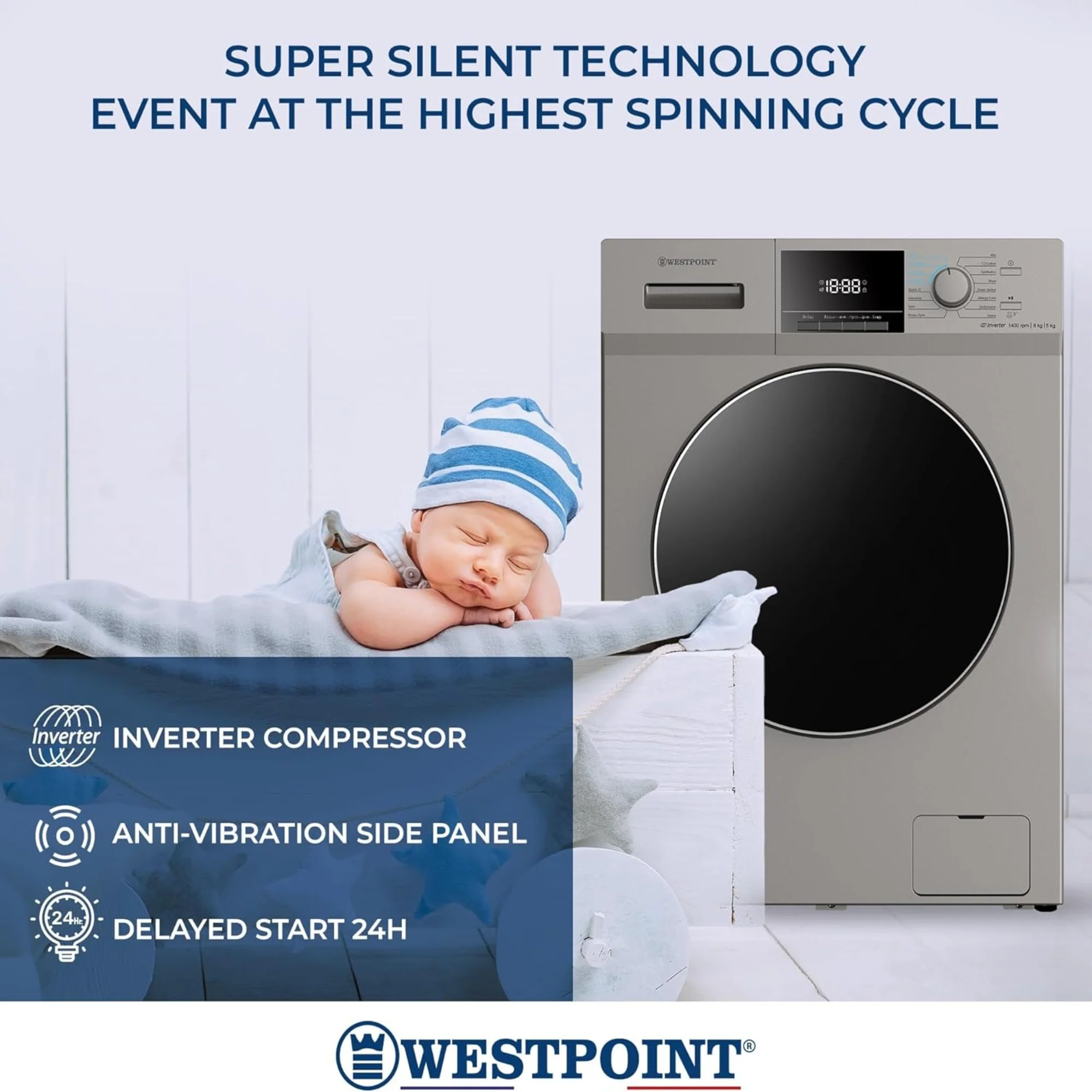 Westpoint 8/5 kg Washer Dryer – 1400 RPM Inverter Motor 12 Programs Quick Wash WDMT-81424ES - Image 3
