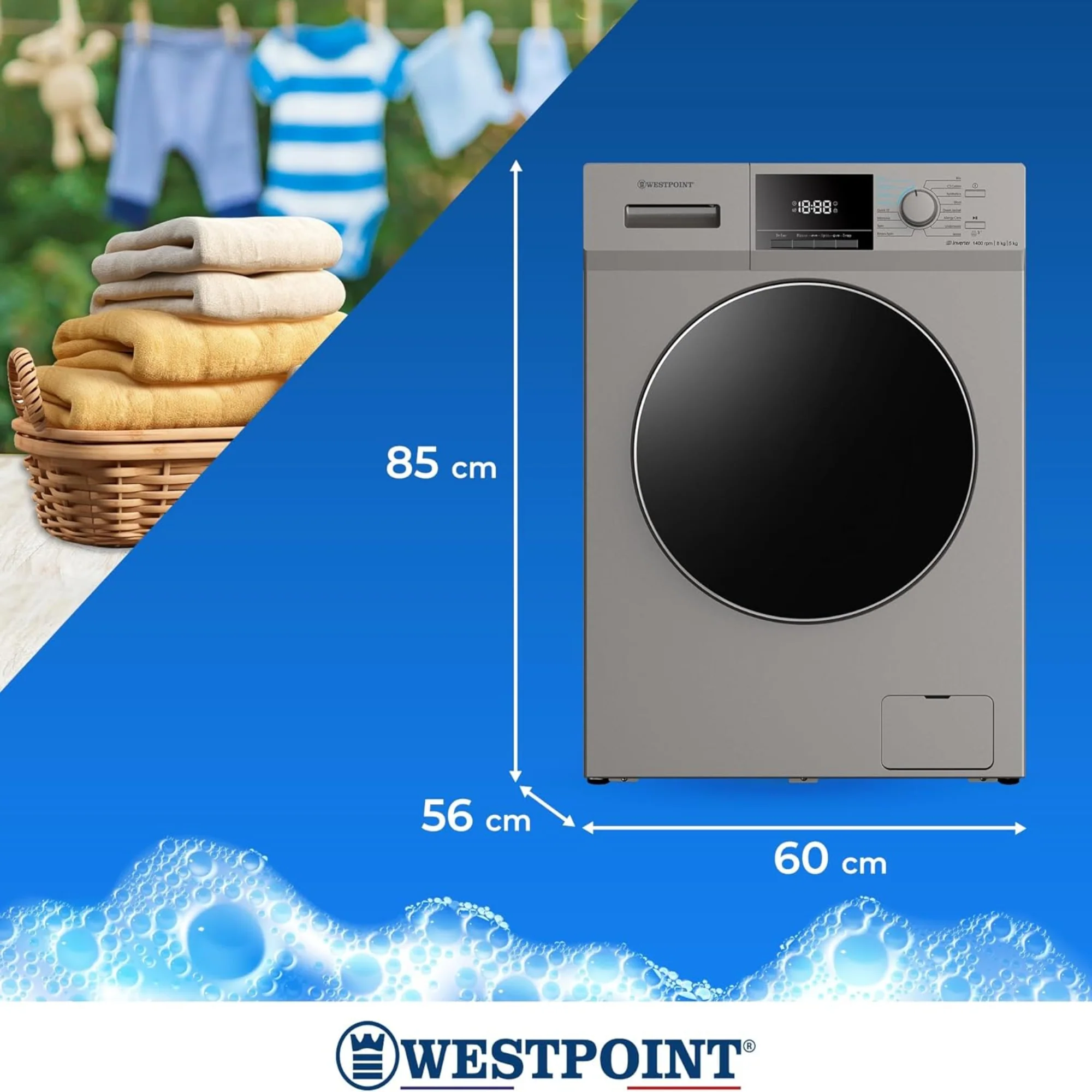 Westpoint 8/5 kg Washer Dryer – 1400 RPM Inverter Motor 12 Programs Quick Wash WDMT-81424ES - Image 4