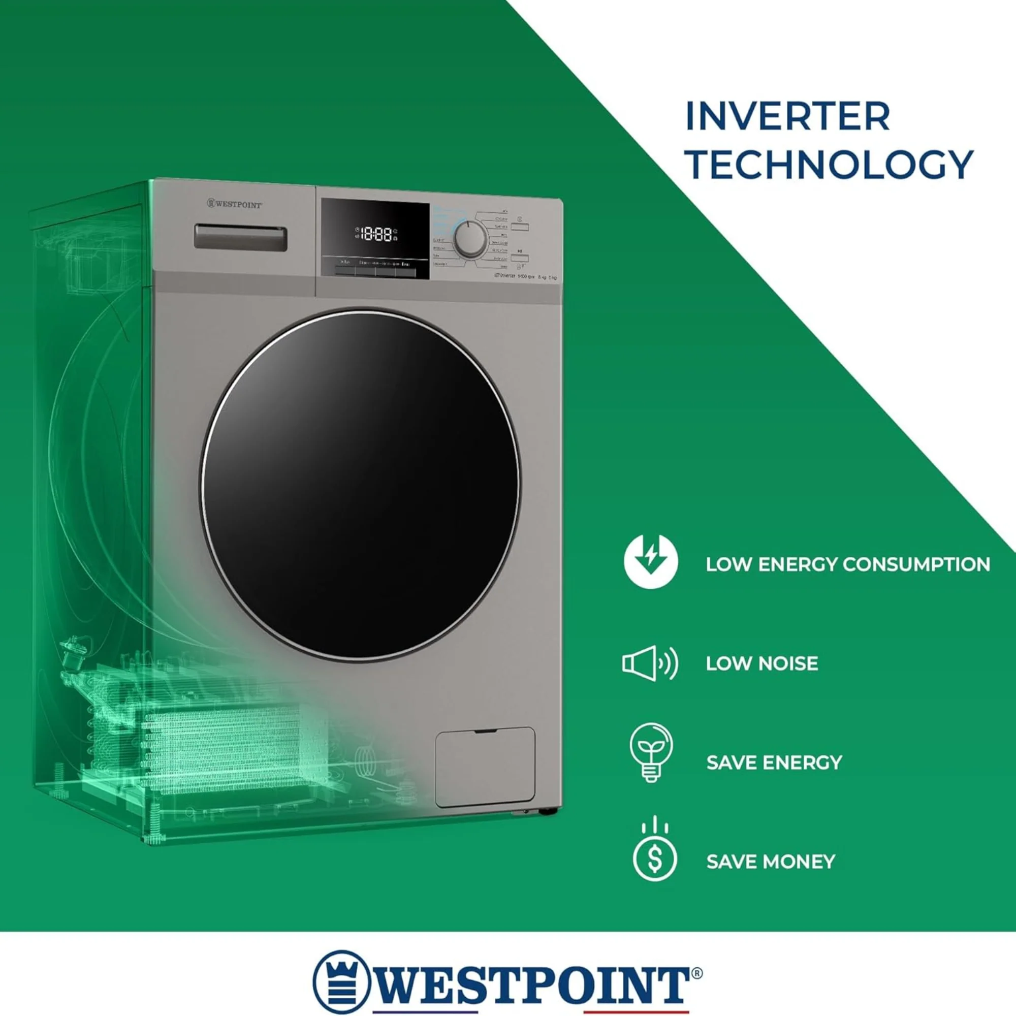 Westpoint 8/5 kg Washer Dryer – 1400 RPM Inverter Motor 12 Programs Quick Wash WDMT-81424ES - Image 5